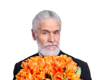 Photo of Senior man with bouquet of beautiful tulips on white background