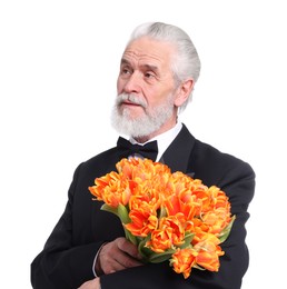 Photo of Senior man with bouquet of beautiful tulips on white background