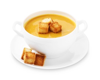 Photo of Delicious lentil cream soup with croutons isolated on white