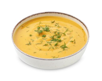 Photo of Delicious lentil cream soup with dill isolated on white