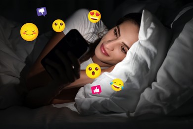 Image of Social media. Woman using mobile phone in bed at night. Different notification signs and emojis near gadget