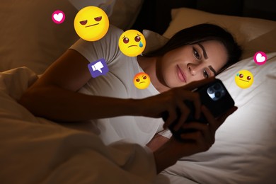 Image of Social media. Woman using mobile phone in bed at night. Different notification signs and emojis near gadget