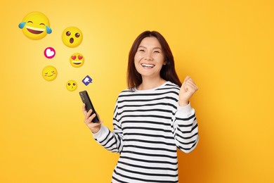 Image of Social media. Happy woman using mobile phone on orange background. Different notification signs and emojis near gadget