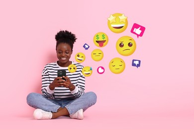 Image of Social media. Happy woman using mobile phone on pink background. Different notification signs and emojis near gadget