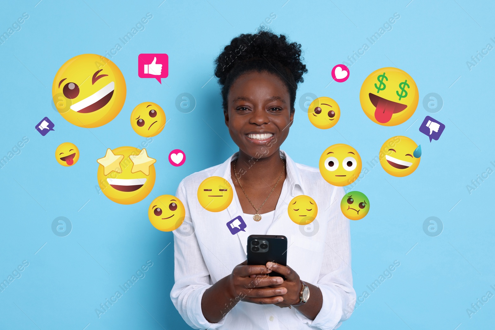 Image of Social media. Happy woman using mobile phone on light blue background. Different notification signs and emojis near gadget