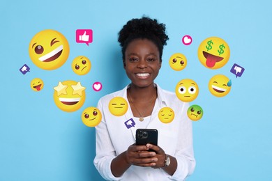 Image of Social media. Happy woman using mobile phone on light blue background. Different notification signs and emojis near gadget