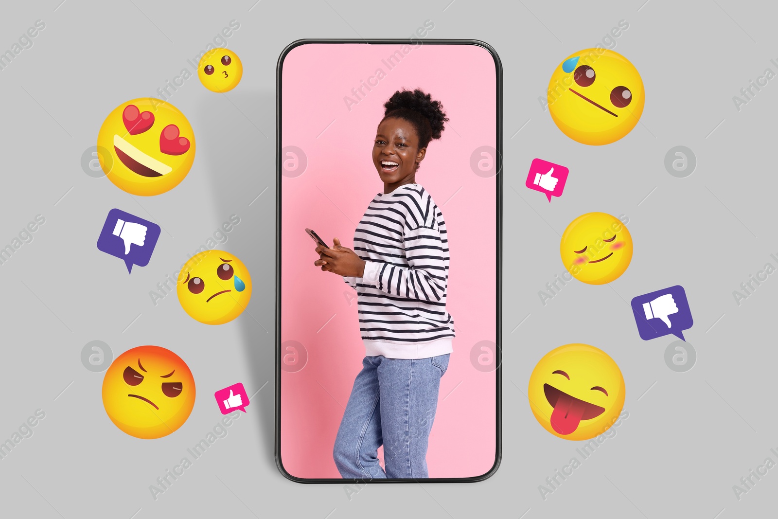 Image of Social media. Happy woman in mobile phone on grey background. Different notification signs and emojis near gadget