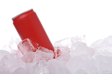 Photo of Refreshing drink in can on ice cubes against white background