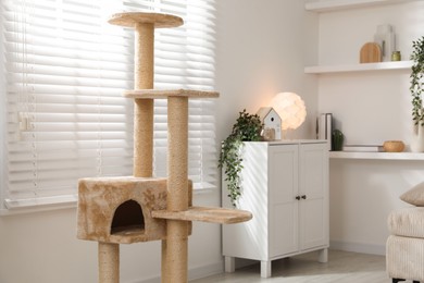Photo of Stylish cat tree and chest of drawers in living room