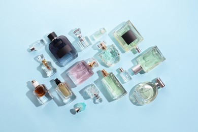 Photo of Bottles of various perfumes on light blue background, flat lay