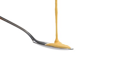 Photo of Delicious melted cheese flowing down onto spoon isolated on white