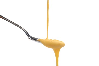 Photo of Delicious melted cheese flowing down onto spoon isolated on white