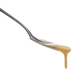 Photo of Delicious melted cheese flowing down from spoon isolated on white