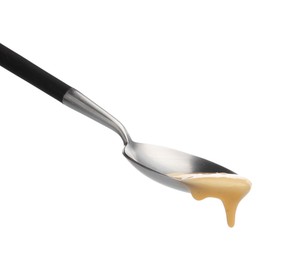 Photo of Delicious melted cheese flowing down from spoon isolated on white
