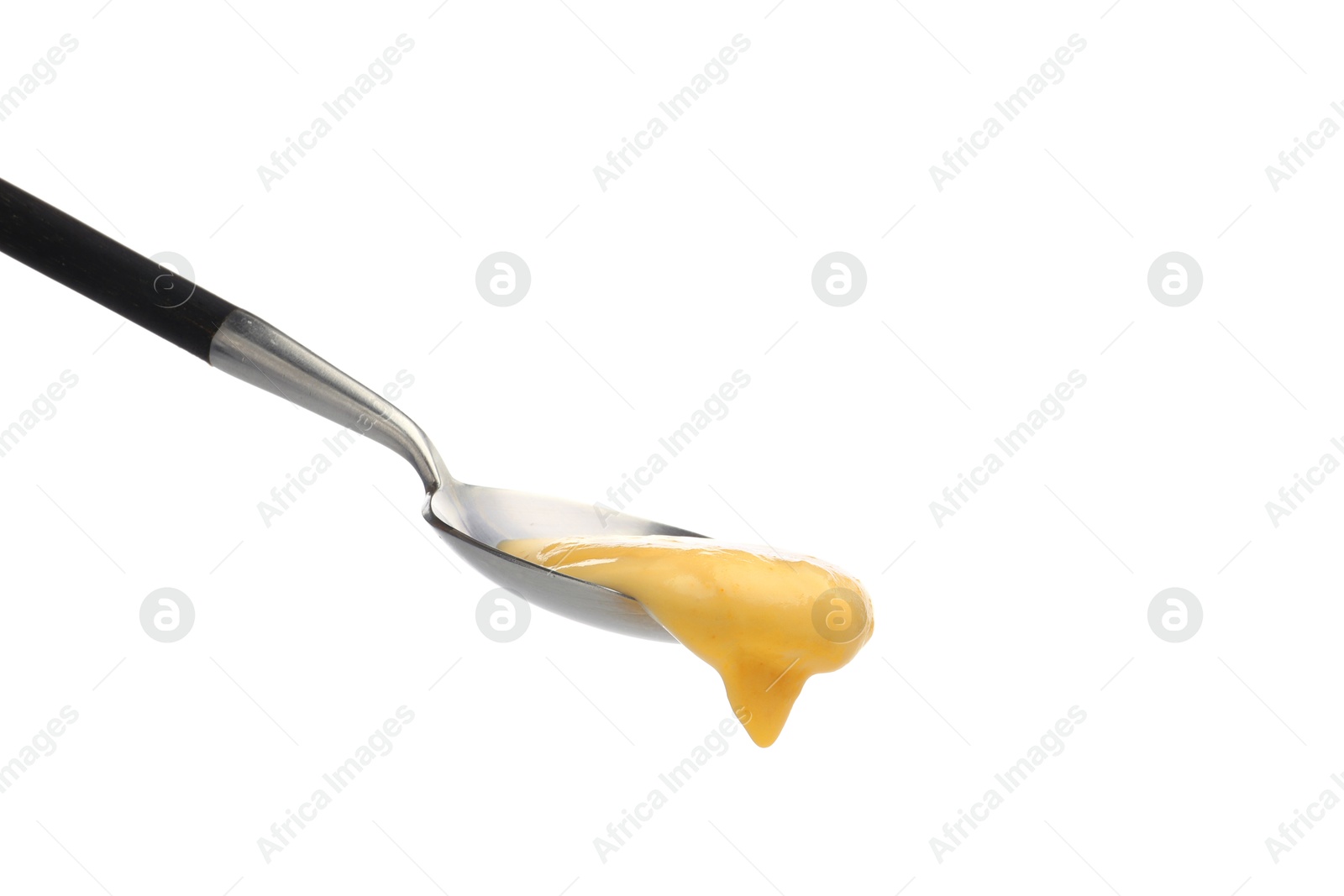 Delicious melted cheese flowing down from spoon isolated on white Photo of Delicious melted cheese flowing down from spoon isolated on white