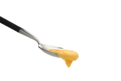Photo of Delicious melted cheese flowing down from spoon isolated on white