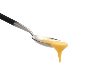 Photo of Delicious melted cheese flowing down from spoon isolated on white