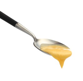 Photo of Delicious melted cheese flowing down from spoon isolated on white