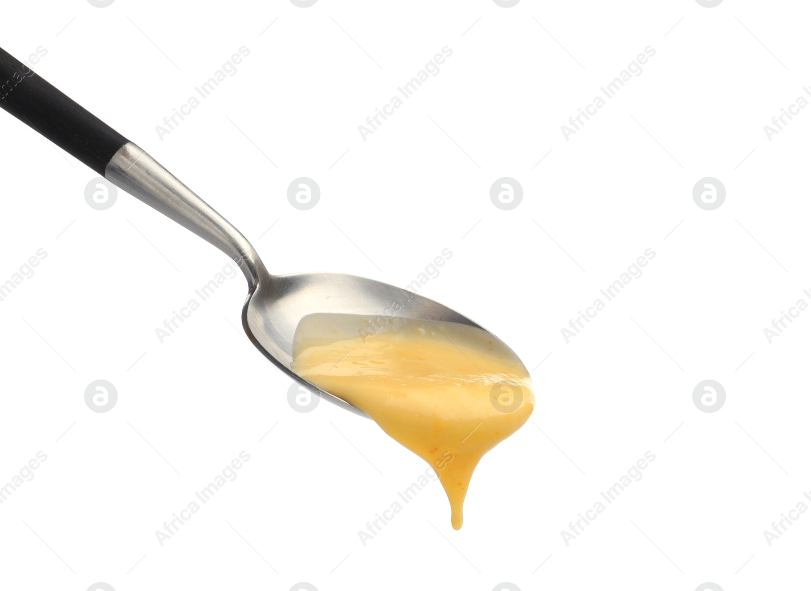 Delicious melted cheese flowing down from spoon isolated on white Photo of Delicious melted cheese flowing down from spoon isolated on white