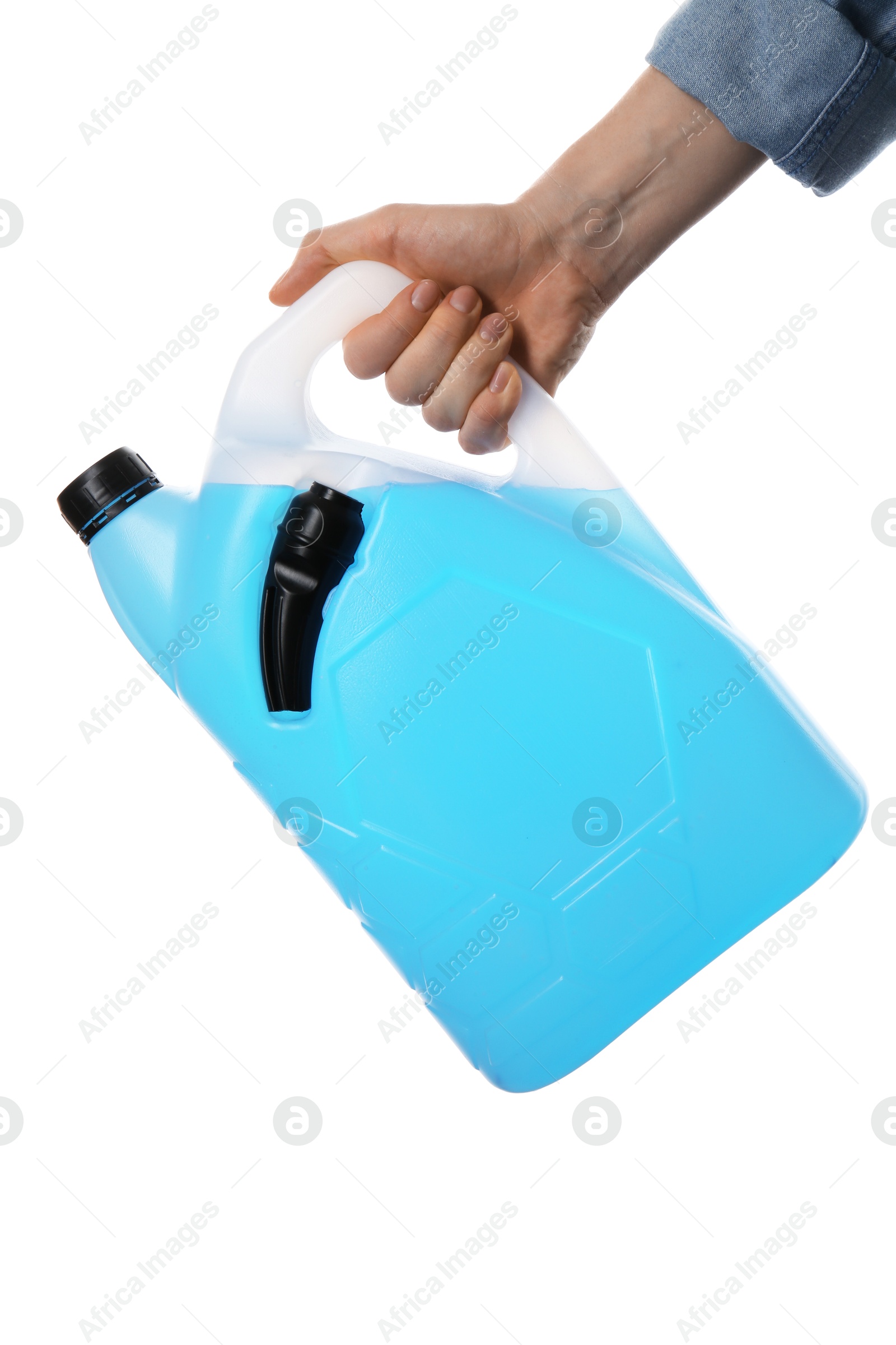 Photo of Woman with plastic canister of antifreeze on white background, closeup