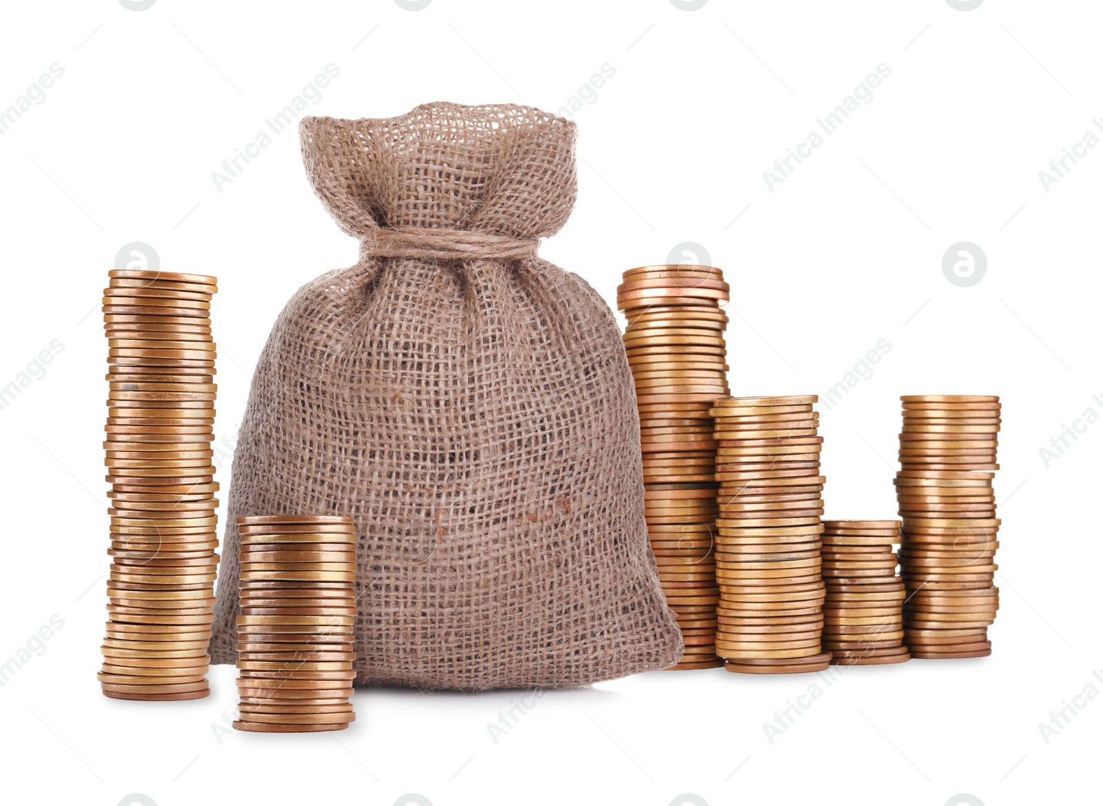 Wealth. Stacked coins and burlap bag isolated on white Image of Wealth. Stacked coins and burlap bag isolated on white