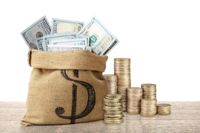 Image of Wealth. Stacked coins and burlap bag full of dollar bills isolated on white
