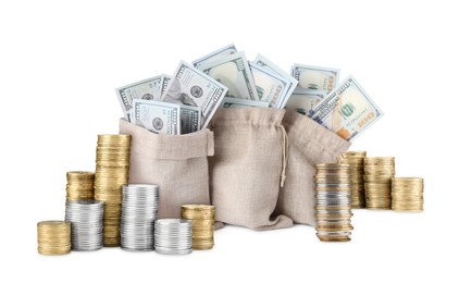 Image of Wealth. Stacked coins and burlap bags full of dollar bills isolated on white