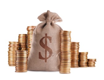 Image of Wealth. Burlap bag with dollar sign and stacked coins isolated on white