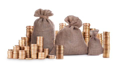 Image of Wealth. Stacked coins and burlap bags isolated on white. Banner design
