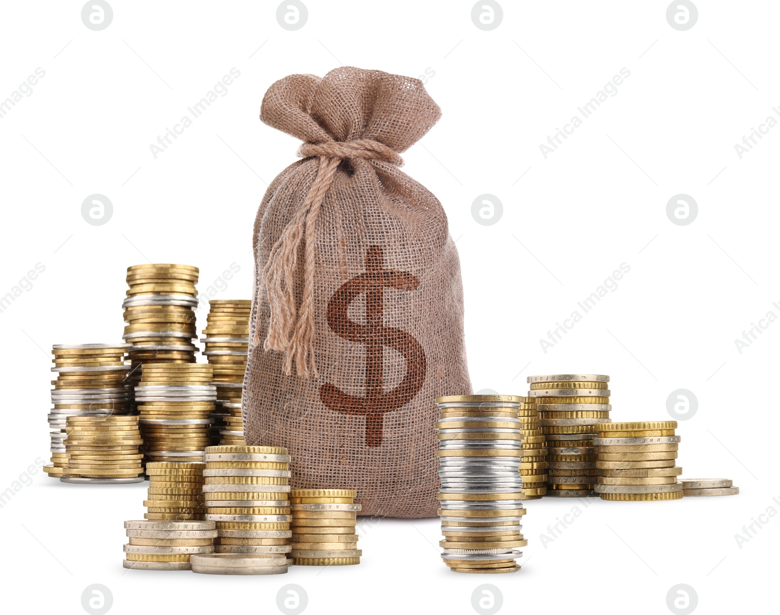 Wealth. Burlap bag with dollar sign and stacked coins isolated on white Image of Wealth. Burlap bag with dollar sign and stacked coins isolated on white