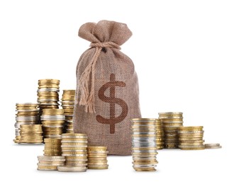 Image of Wealth. Burlap bag with dollar sign and stacked coins isolated on white
