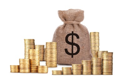 Image of Wealth. Burlap bag with dollar sign and stacked coins isolated on white