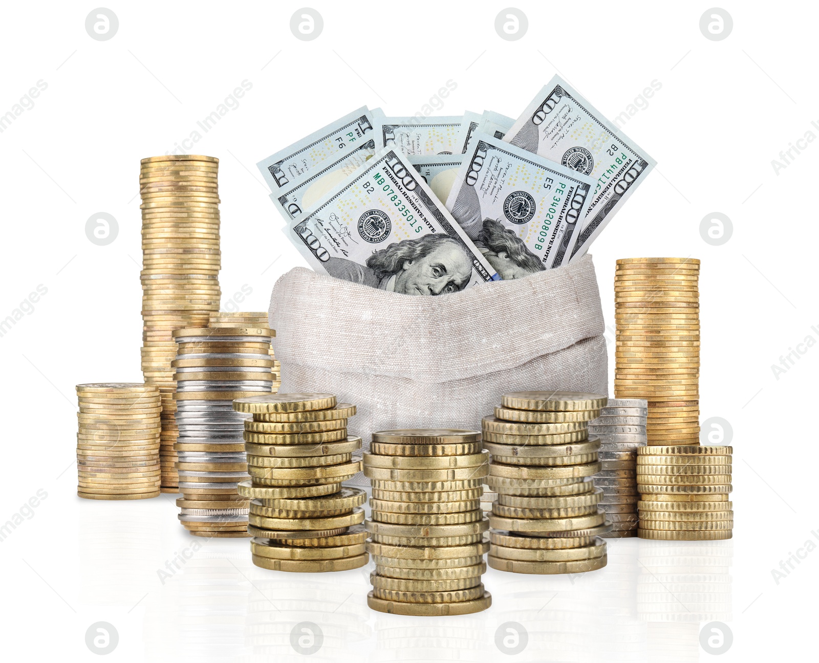 Wealth. Stacked coins and burlap bag full of dollar bills isolated on white Image of Wealth. Stacked coins and burlap bag full of dollar bills isolated on white
