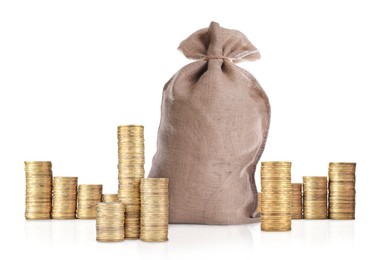 Image of Wealth. Stacked coins and burlap bag isolated on white