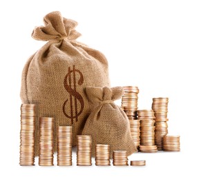 Image of Wealth. Stacked coins and burlap bags isolated on white