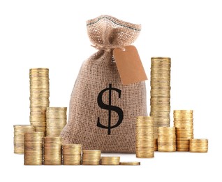Image of Wealth. Burlap bag with dollar sign and stacked coins isolated on white