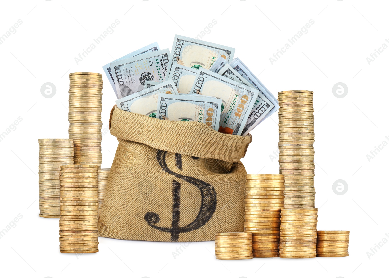 Wealth. Stacked coins and burlap bag full of dollar bills isolated on white Image of Wealth. Stacked coins and burlap bag full of dollar bills isolated on white