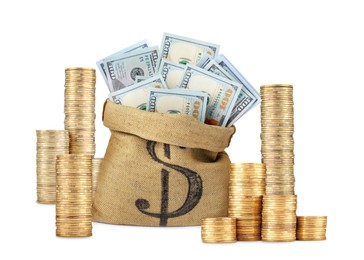 Image of Wealth. Stacked coins and burlap bag full of dollar bills isolated on white