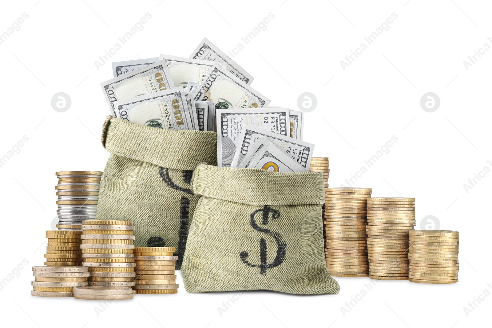 Wealth. Stacked coins and burlap bags full of dollar bills isolated on white Image of Wealth. Stacked coins and burlap bags full of dollar bills isolated on white