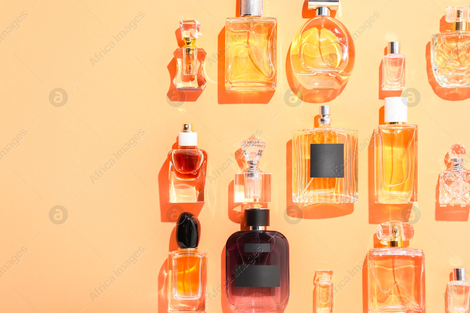 Different luxury perfumes on beige background, flat lay. Space for text Photo of Different luxury perfumes on beige background, flat lay. Space for text