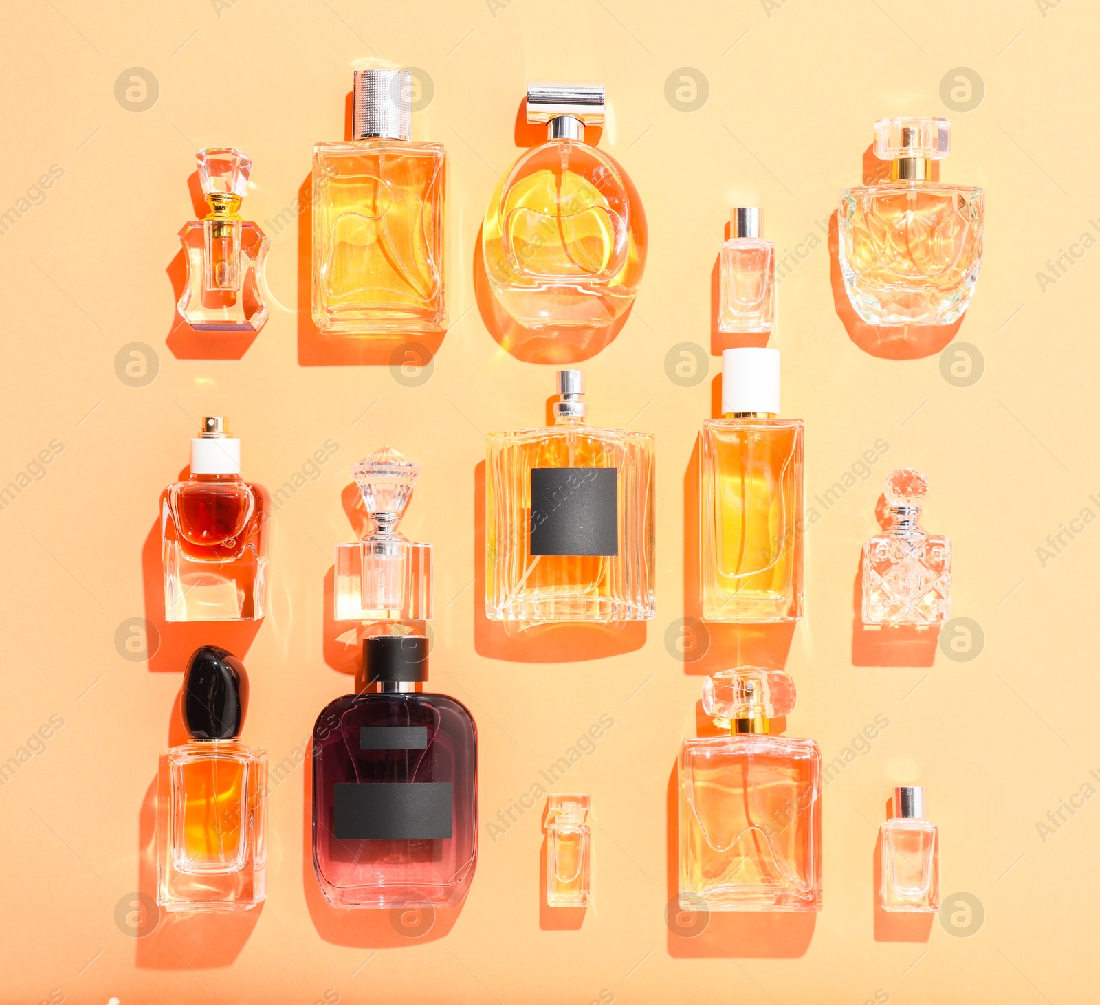 Different luxury perfumes on beige background, flat lay Photo of Different luxury perfumes on beige background, flat lay