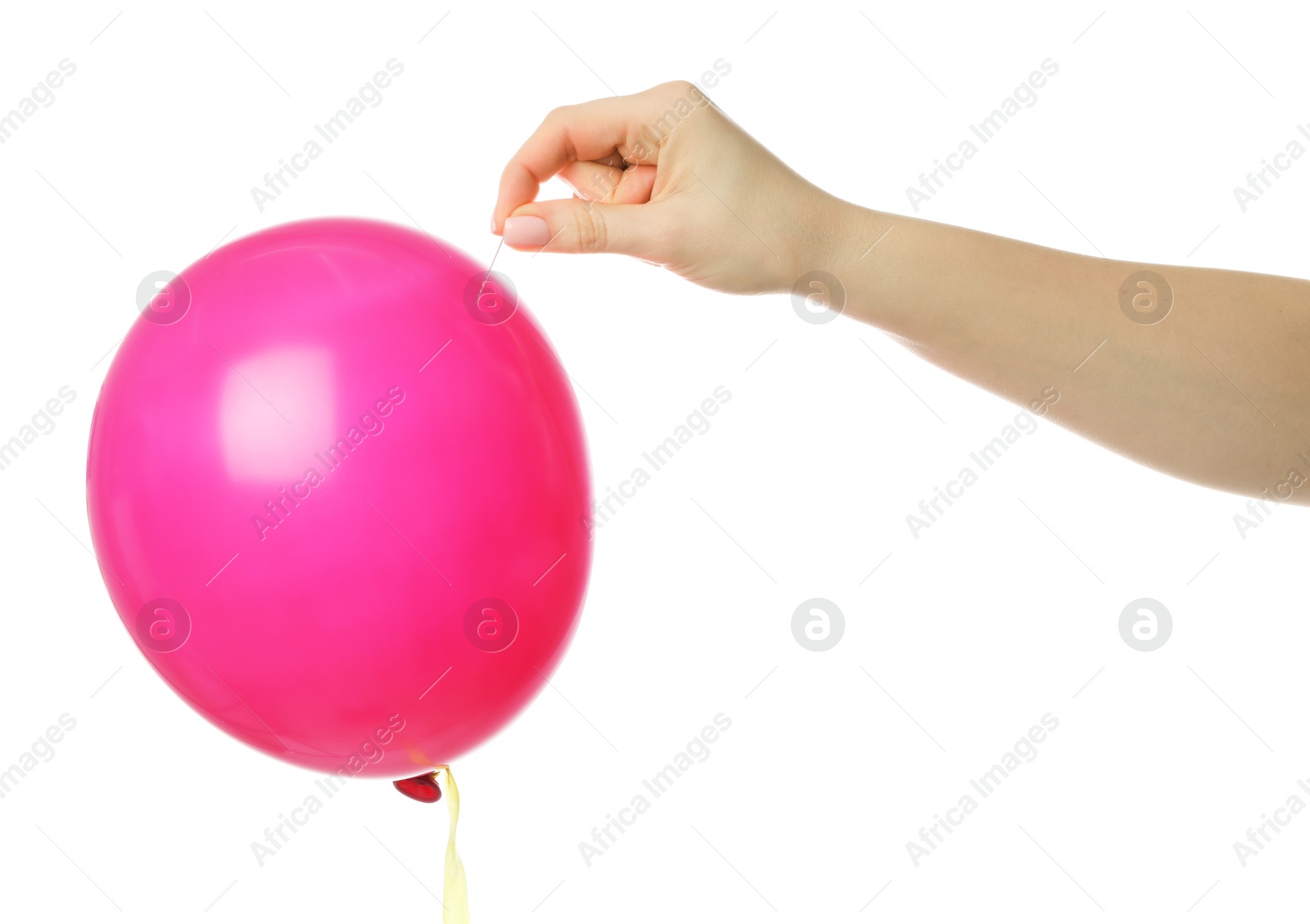 Woman popping pink balloon on white background, closeup Photo of Woman popping pink balloon on white background, closeup