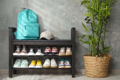 Photo of Shoe storage bench with different footwear, backpack, cap and houseplant indoors
