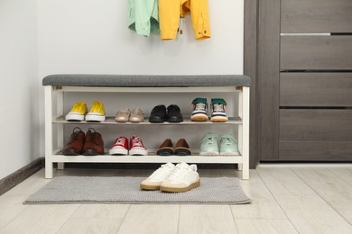 Photo of Shoe storage bench with different footwear indoors
