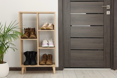 Photo of Shoe storage. Shelving unit with different footwear and houseplant indoors
