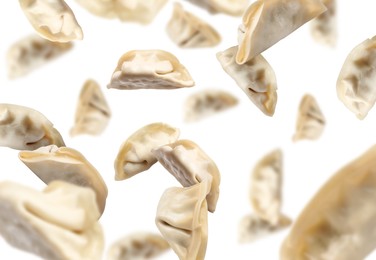 Image of Uncooked gyoza in air on white background