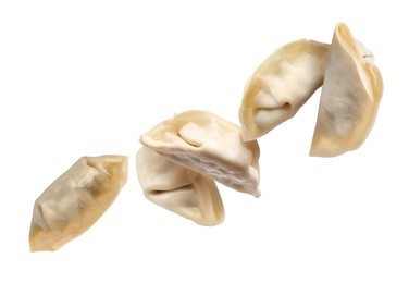 Image of Uncooked gyoza in air on white background
