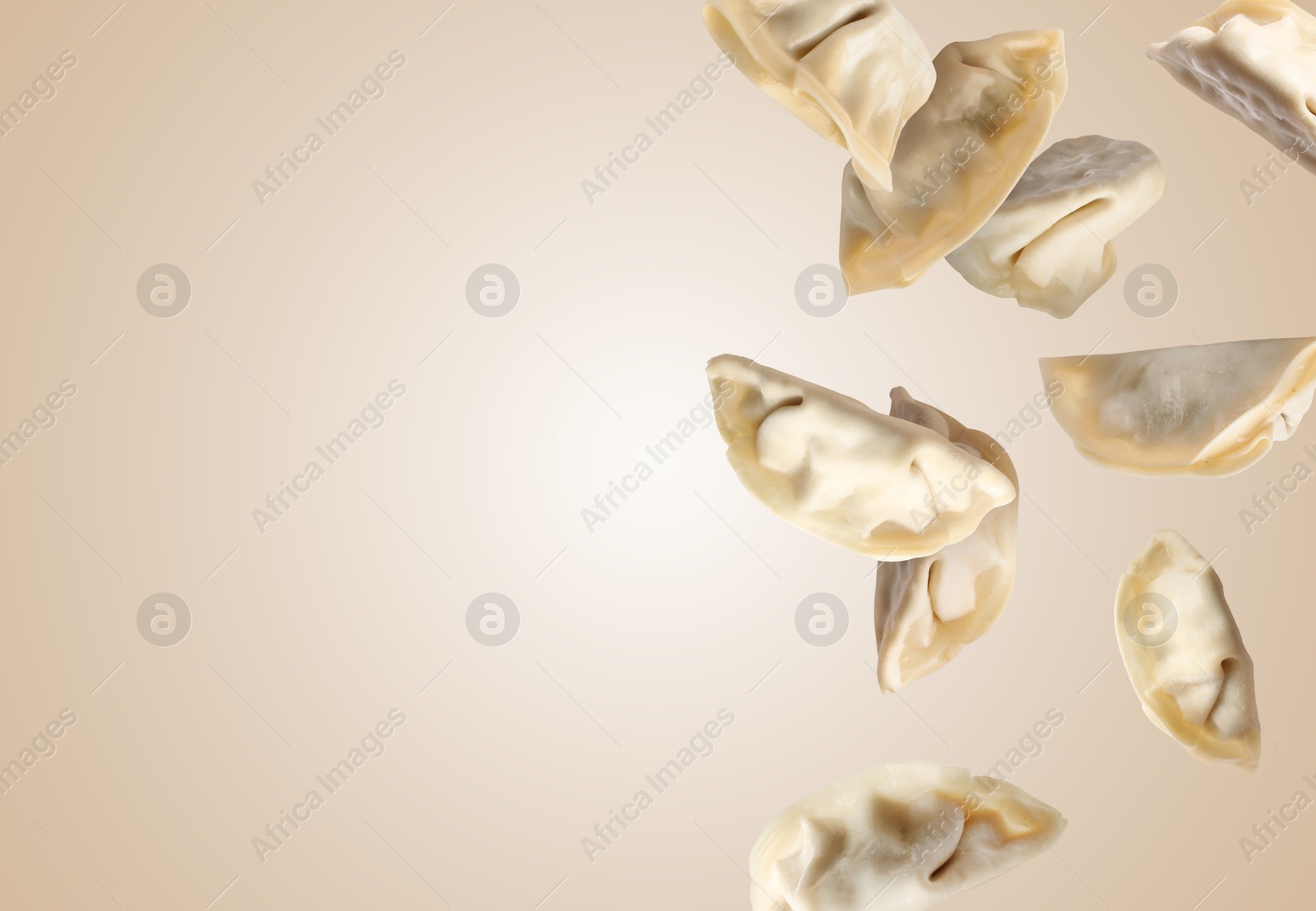 Uncooked gyoza in air on dark beige background, space for text Image of Uncooked gyoza in air on dark beige background, space for text