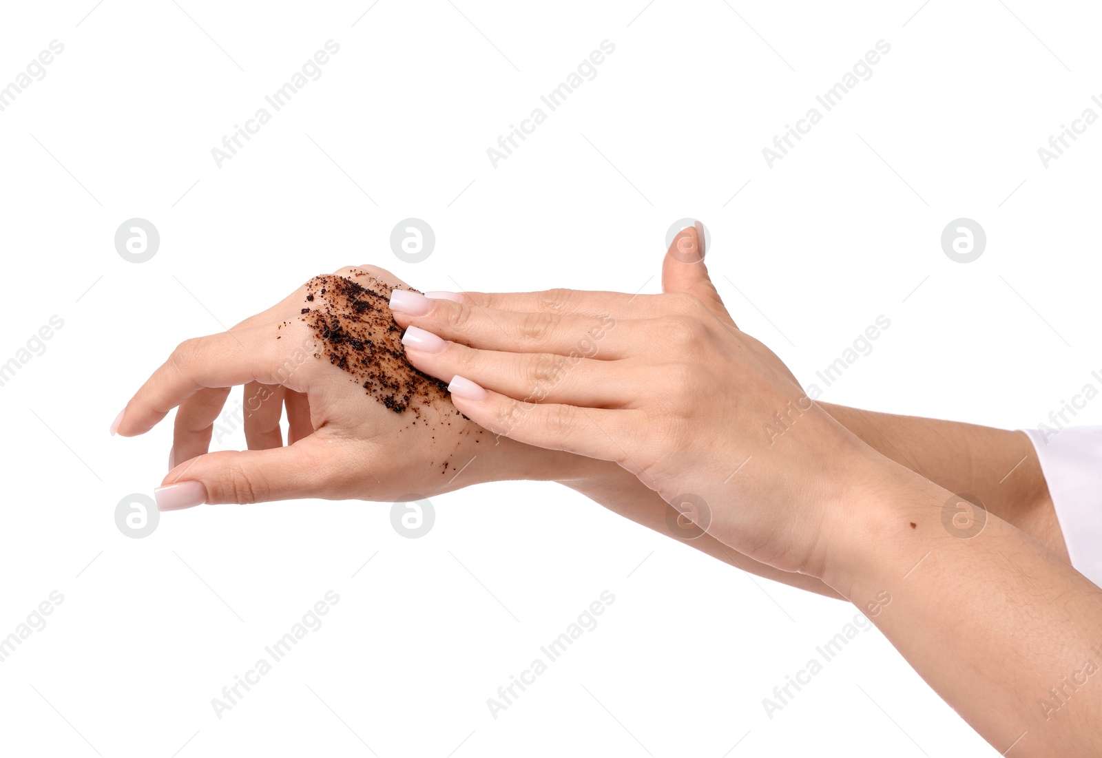 Woman applying body scrub onto her hands on white background, closeup Photo of Woman applying body scrub onto her hands on white background, closeup