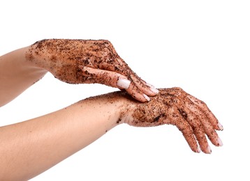 Photo of Woman applying body scrub onto her hands on white background, closeup